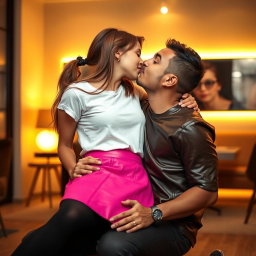 A young woman is wearing a vibrant pink leather skirt paired with a classic white t-shirt, sitting on the knees of a man dressed in a sleek leather t-shirt