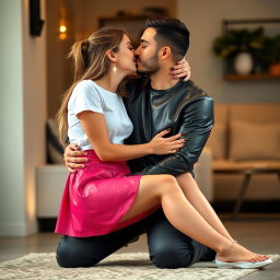 A young woman is wearing a vibrant pink leather skirt paired with a classic white t-shirt, sitting on the knees of a man dressed in a sleek leather t-shirt