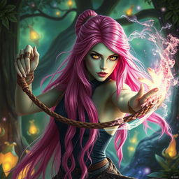 A powerful fantasy scene featuring a striking woman with long, bright pink hair cascading down her back