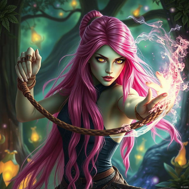 A powerful fantasy scene featuring a striking woman with long, bright pink hair cascading down her back