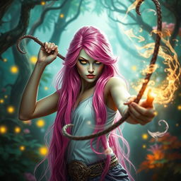 A powerful fantasy scene featuring a striking woman with long, bright pink hair cascading down her back