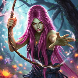 A powerful fantasy scene featuring a striking woman with long, bright pink hair cascading down her back