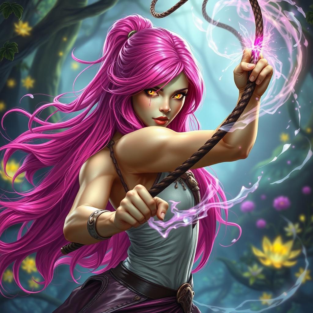 A powerful fantasy scene featuring a striking woman with long, bright pink hair cascading down her back