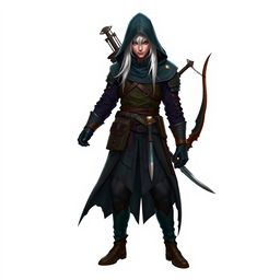 A full-body image of a medieval assassin with white hair, dressed in a dark assassin outfit with a hood