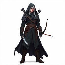 A full-body image of a medieval assassin with white hair, dressed in a dark assassin outfit with a hood