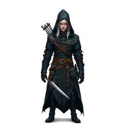 A full-body image of a medieval assassin with white hair, dressed in a dark assassin outfit with a hood