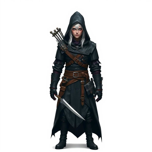 A full-body image of a medieval assassin with white hair, dressed in a dark assassin outfit with a hood
