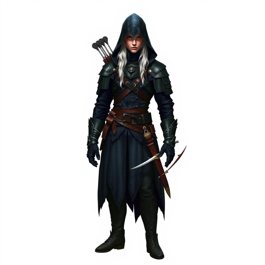 A full-body image of a medieval assassin with white hair, dressed in a dark assassin outfit with a hood