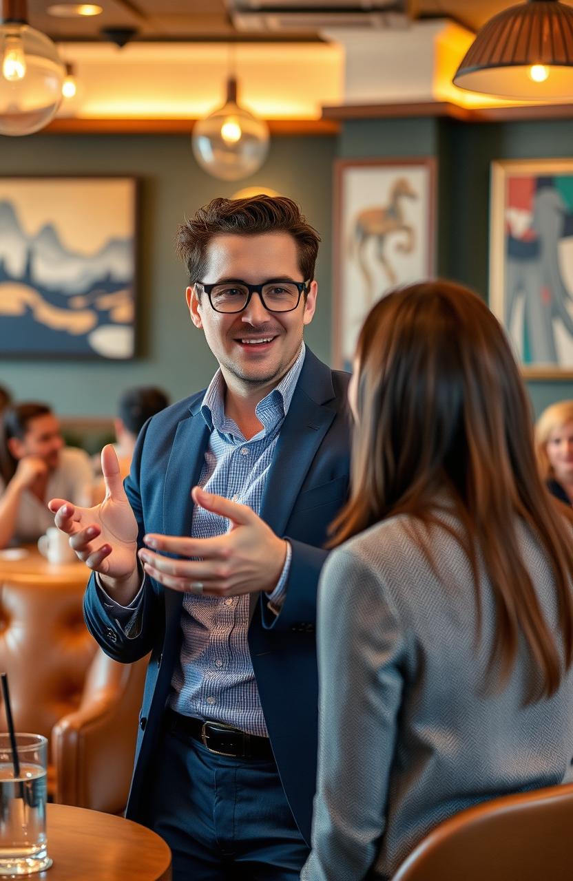 A confident individual engaging in a lively conversation, showcasing charisma and persuasive body language, set in a vibrant café atmosphere with warm lighting and cozy seating
