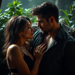A romantic scene featuring a man and a woman in a secluded, intimate setting