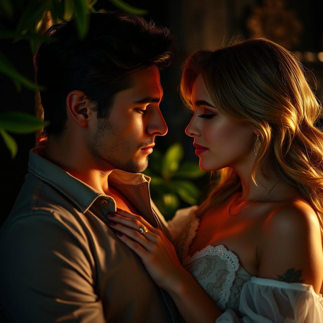 A romantic scene featuring a man and a woman in a secluded, intimate setting