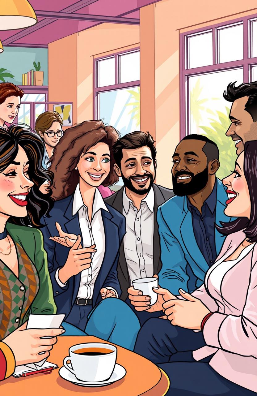 A dynamic illustration depicting the essence of winning conversations, featuring a tableau of diverse individuals engaged in animated discussions