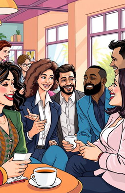 A dynamic illustration depicting the essence of winning conversations, featuring a tableau of diverse individuals engaged in animated discussions
