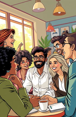 A dynamic illustration depicting the essence of winning conversations, featuring a tableau of diverse individuals engaged in animated discussions