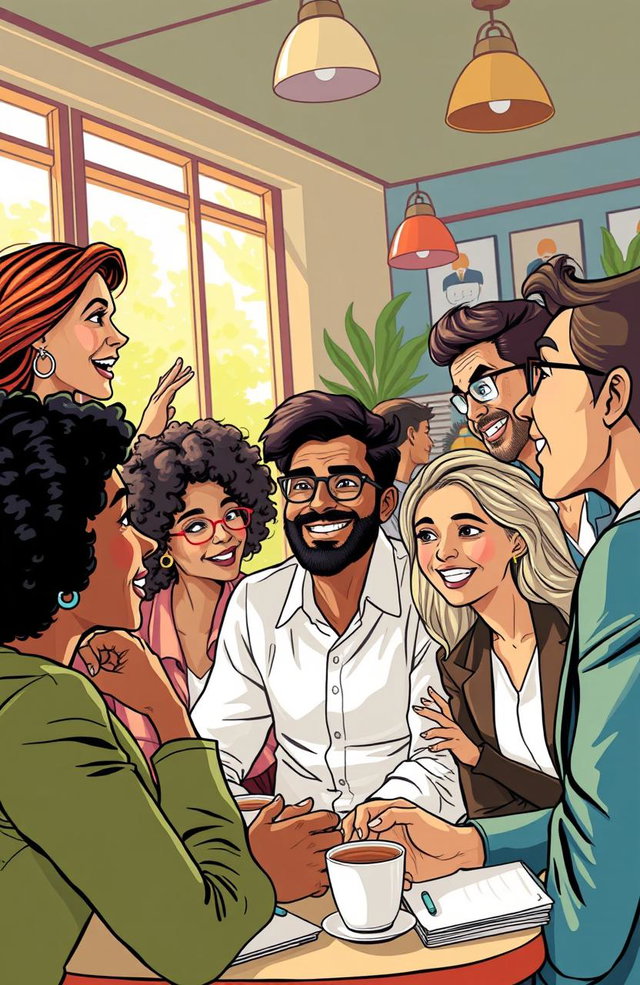 A dynamic illustration depicting the essence of winning conversations, featuring a tableau of diverse individuals engaged in animated discussions