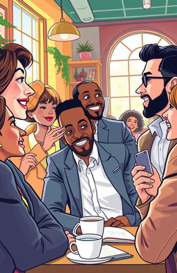 A dynamic illustration depicting the essence of winning conversations, featuring a tableau of diverse individuals engaged in animated discussions