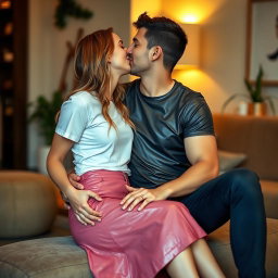 A young woman is dressed in a stylish pink leather skirt and a crisp white t-shirt, sitting comfortably on the knees of a man who is wearing a fitted leather t-shirt