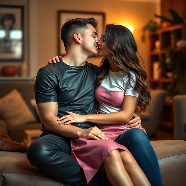 A young woman is dressed in a stylish pink leather skirt and a crisp white t-shirt, sitting comfortably on the knees of a man who is wearing a fitted leather t-shirt