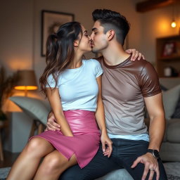 A young woman is dressed in a stylish pink leather skirt and a crisp white t-shirt, sitting comfortably on the knees of a man who is wearing a fitted leather t-shirt