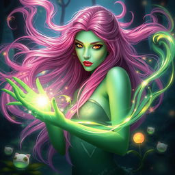 A mystical woman with long, bright pink hair and striking gold lizard-like eyes, her skin a light green hue that radiates enchantment