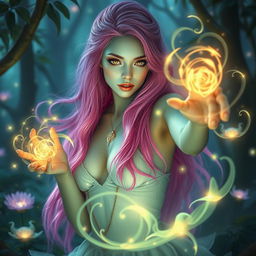 A mystical woman with long, bright pink hair and striking gold lizard-like eyes, her skin a light green hue that radiates enchantment