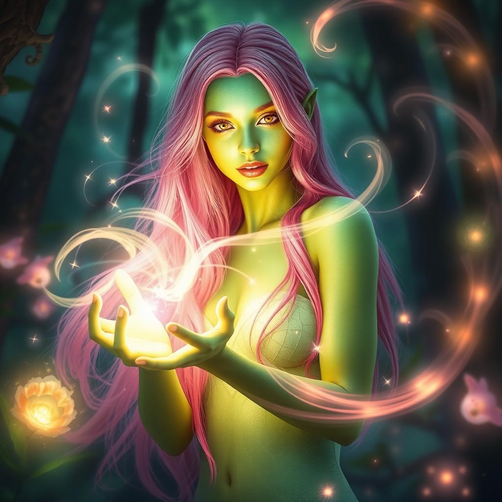 A mystical woman with long, bright pink hair and striking gold lizard-like eyes, her skin a light green hue that radiates enchantment