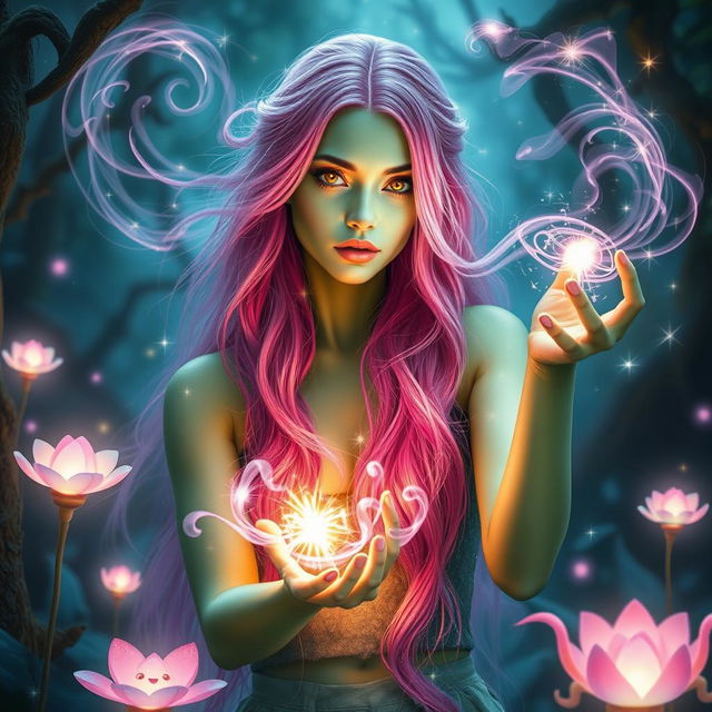 A mystical woman with long, bright pink hair and striking gold lizard-like eyes, her skin a light green hue that radiates enchantment