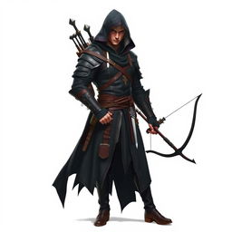 A full-body image of a medieval male assassin with white hair, dressed in a dark assassin outfit complete with a hood