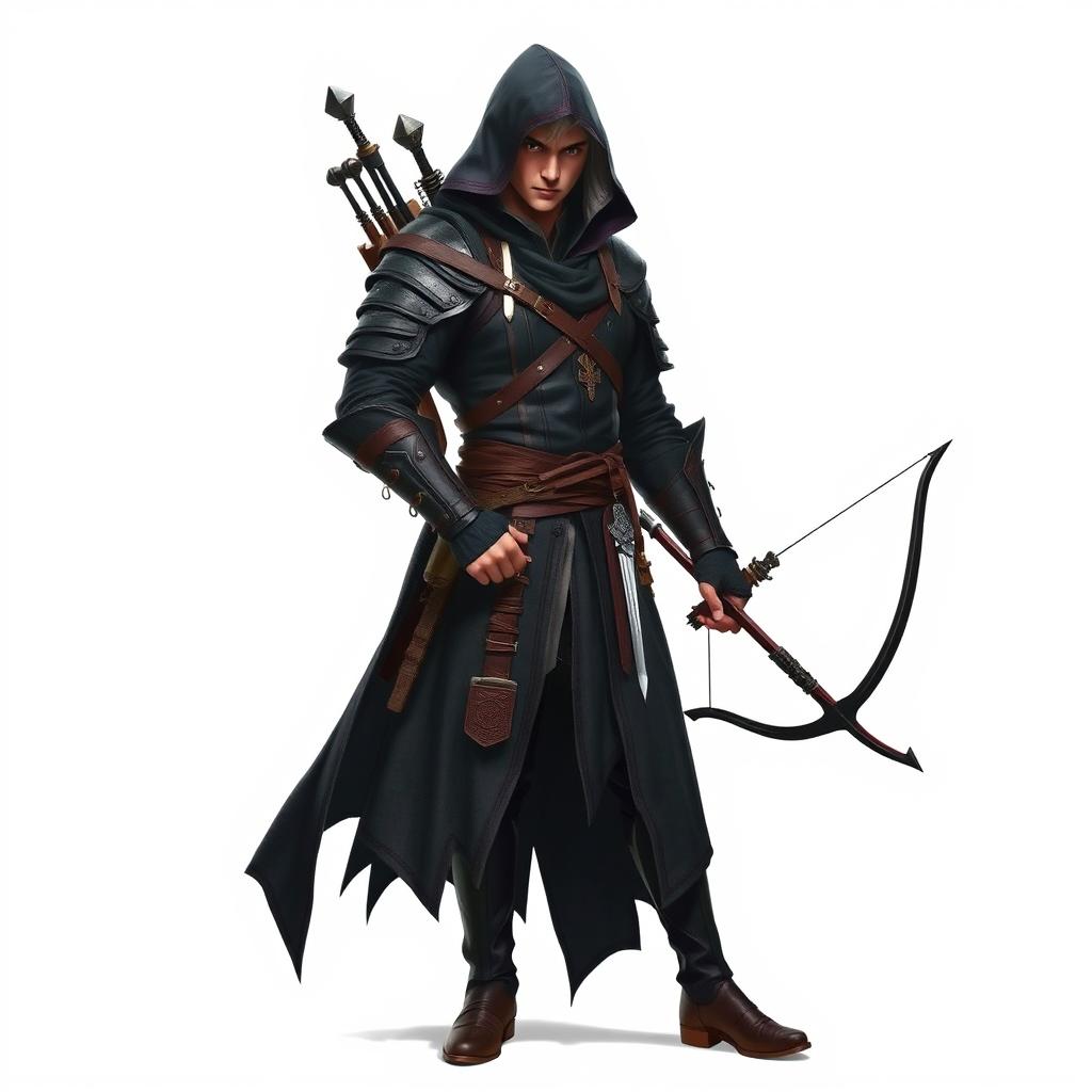 A full-body image of a medieval male assassin with white hair, dressed in a dark assassin outfit complete with a hood