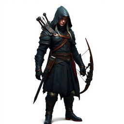 A full-body image of a medieval male assassin with white hair, dressed in a dark assassin outfit complete with a hood