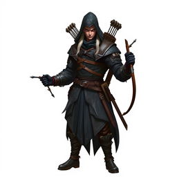A full-body image of a medieval male assassin with white hair, dressed in a dark assassin outfit complete with a hood