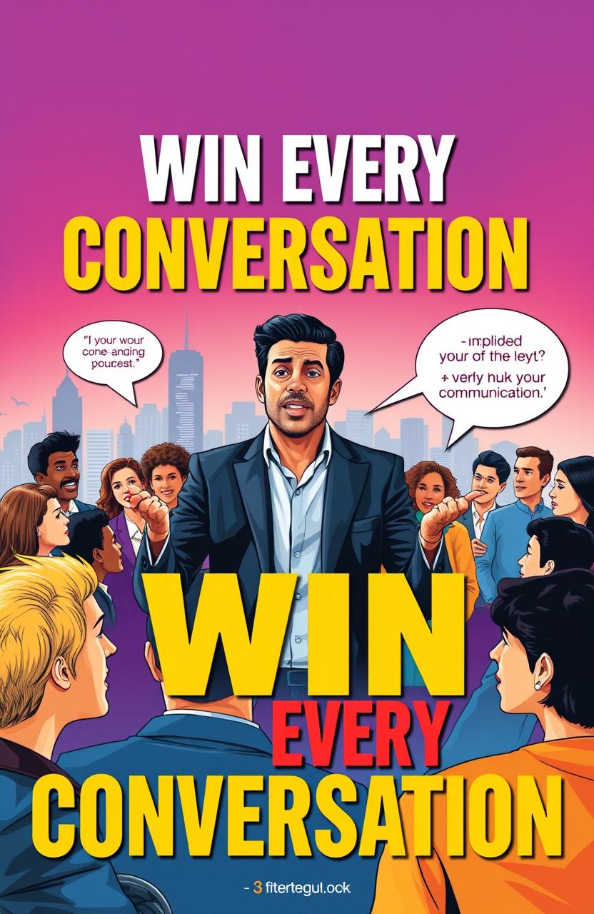 A motivational poster that encourages winning every conversation, featuring a dynamic and energetic scene of diverse people engaged in lively discussions