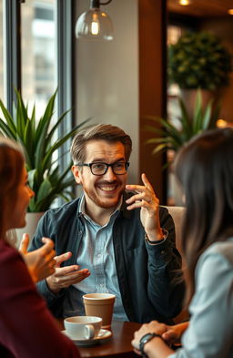 A confident and charismatic person engaging in a stimulating conversation in a cozy coffee shop
