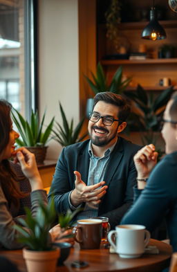A confident and charismatic person engaging in a stimulating conversation in a cozy coffee shop