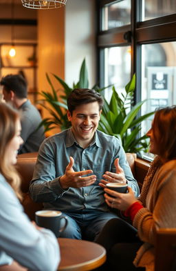 A confident and charismatic person engaging in a stimulating conversation in a cozy coffee shop