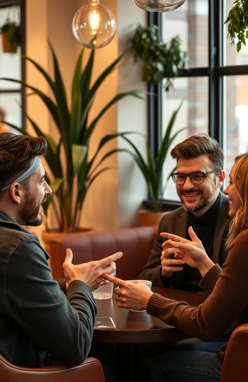A confident and charismatic person engaging in a stimulating conversation in a cozy coffee shop