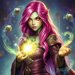 A striking female sorceress with long, bright pink hair cascading down her back and mesmerizing gold lizard-like eyes