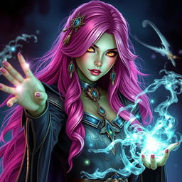 A striking female sorceress with long, bright pink hair cascading down her back and mesmerizing gold lizard-like eyes