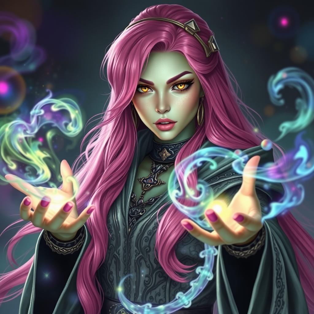 A striking female sorceress with long, bright pink hair cascading down her back and mesmerizing gold lizard-like eyes