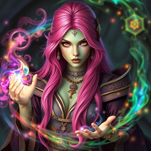 A striking female sorceress with long, bright pink hair cascading down her back and mesmerizing gold lizard-like eyes