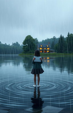 A girl holding an envelope, standing in the rain while crossing a lake to reach a cozy house in the distance