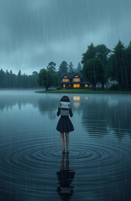A girl holding an envelope, standing in the rain while crossing a lake to reach a cozy house in the distance