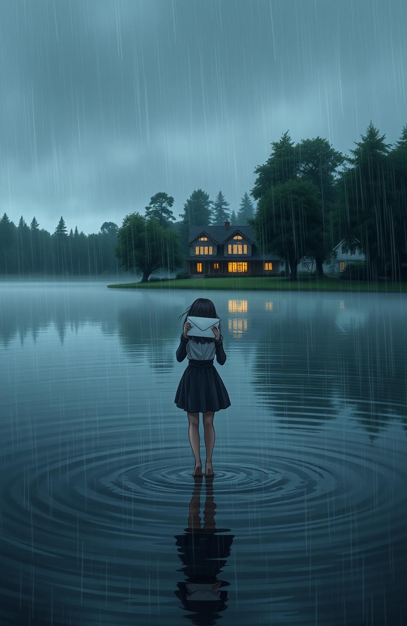 A girl holding an envelope, standing in the rain while crossing a lake to reach a cozy house in the distance