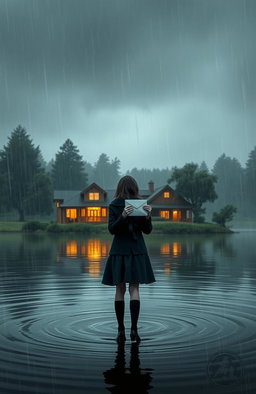 A girl holding an envelope, standing in the rain while crossing a lake to reach a cozy house in the distance