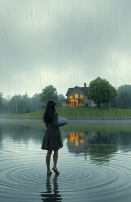 A girl holding an envelope, standing in the rain while crossing a lake to reach a cozy house in the distance