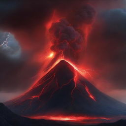 The erupting volcano under a sky laced with red lightning, and in the foreground, an eye, wide and watchful, observing the tumultuous spectacle of nature's fury.