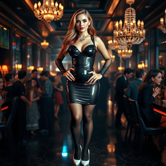 A full-length image of a very beautiful 18-year-old woman with soft round facial features, a pear-shaped body, wide, bulging hips, large round thighs, and thick legs