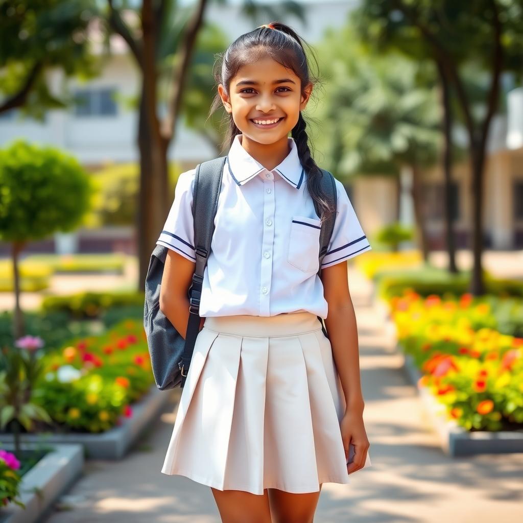 An Indian school girl in a traditional school uniform, featuring a crisp white shirt, a neatly pleated skirt, and knee-high socks