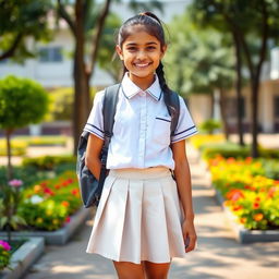 An Indian school girl in a traditional school uniform, featuring a crisp white shirt, a neatly pleated skirt, and knee-high socks