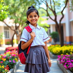 An Indian school girl in a traditional school uniform, featuring a crisp white shirt, a neatly pleated skirt, and knee-high socks
